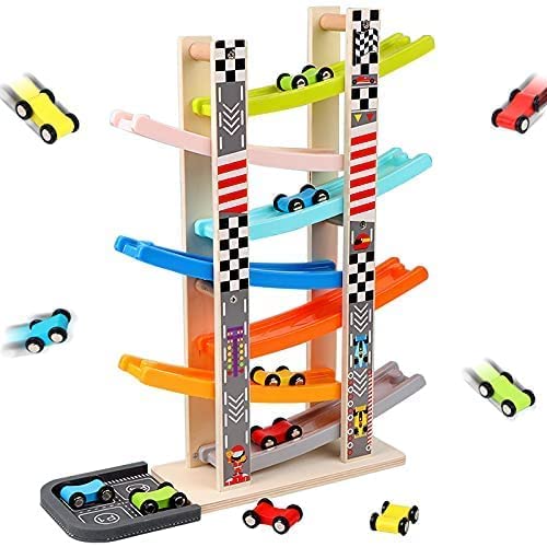 Car Ramp Racer Toy for Toddler - Baby Car Race Track Vehicle Playsets with 6 Wooden Race Cars, 1 Parking Garage, 3 Extra Bridges and 6 Car Ramps for Boys & Girls Payday Deals