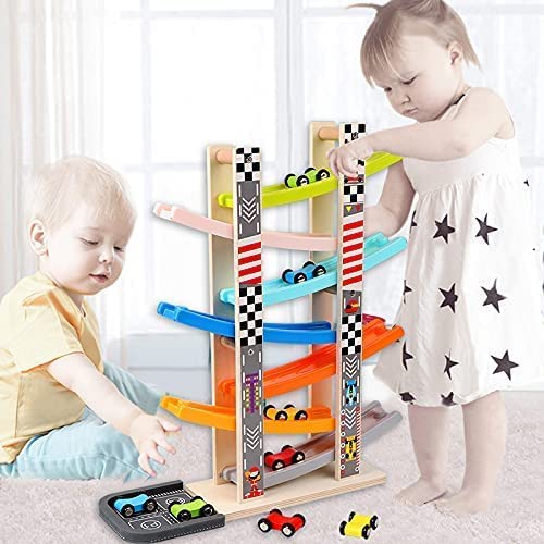 Car Ramp Racer Toy for Toddler - Baby Car Race Track Vehicle Playsets with 6 Wooden Race Cars, 1 Parking Garage, 3 Extra Bridges and 6 Car Ramps for Boys & Girls Payday Deals