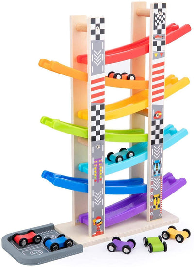 Car Ramp Racer Toy for Toddler - Baby Car Race Track Vehicle Playsets with 6 Wooden Race Cars, 1 Parking Garage, 3 Extra Bridges and 6 Car Ramps for Boys & Girls