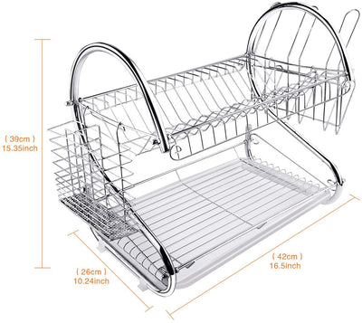 CARLA HOME 2 Tier Dish Rack with Drain Board for Kitchen Counter and Plated Chrome Dish Dryer Silver 42 x 25,5 x 38 cm Payday Deals