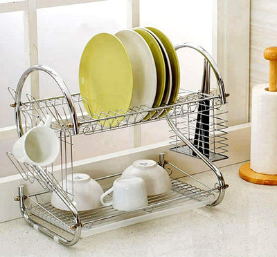 CARLA HOME 2 Tier Dish Rack with Drain Board for Kitchen Counter and Plated Chrome Dish Dryer Silver 42 x 25,5 x 38 cm Payday Deals