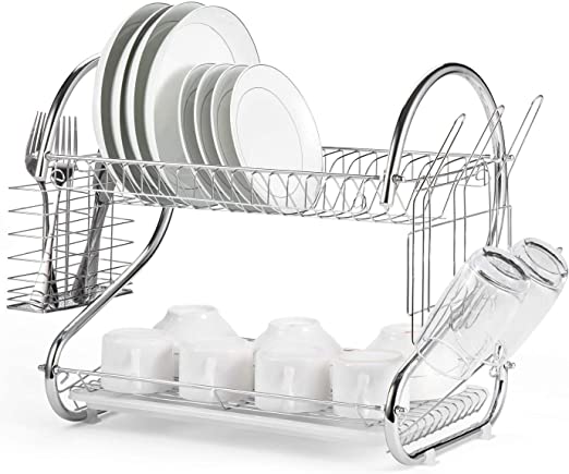 CARLA HOME 2 Tier Dish Rack with Drain Board for Kitchen Counter and Plated Chrome Dish Dryer Silver 42 x 25,5 x 38 cm Payday Deals