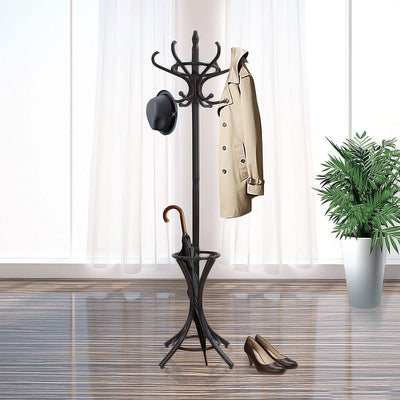 CARLA HOME Brown Coat Rack with Stand Wooden Hat and 12 Hooks Hanger Walnut tree Payday Deals