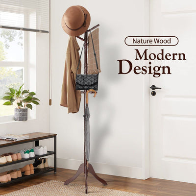 CARLA HOME Brown Coat Rack with Stand Wooden Hat and 9 Hooks Hanger Walnut tree Payday Deals