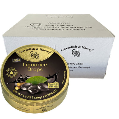 Cavendish and Harvey Liquorice Filled Drops 130g Tin Sweets Candy Lollies x 12