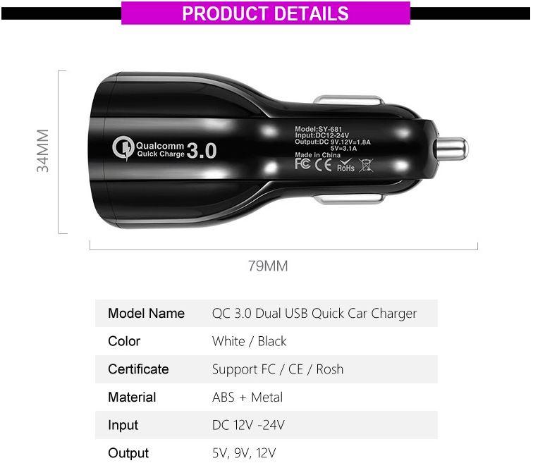 Cedrix Super-fast Charging PD QC3.0 Portable Smart Dual USB Mobile Car Charger Adapter