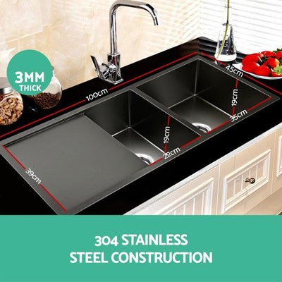 Cefito Stainless Steel Kitchen Sink 100X45CM Under/Topmount Laundry Double Bowl Black Payday Deals