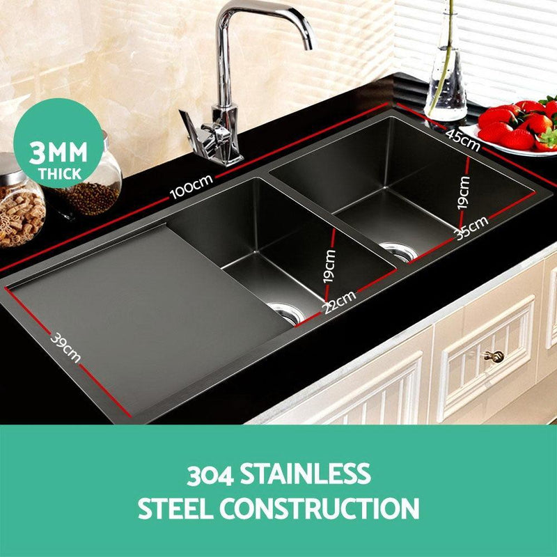 Cefito Stainless Steel Kitchen Sink 100X45CM Under/Topmount Laundry Double Bowl Black Payday Deals