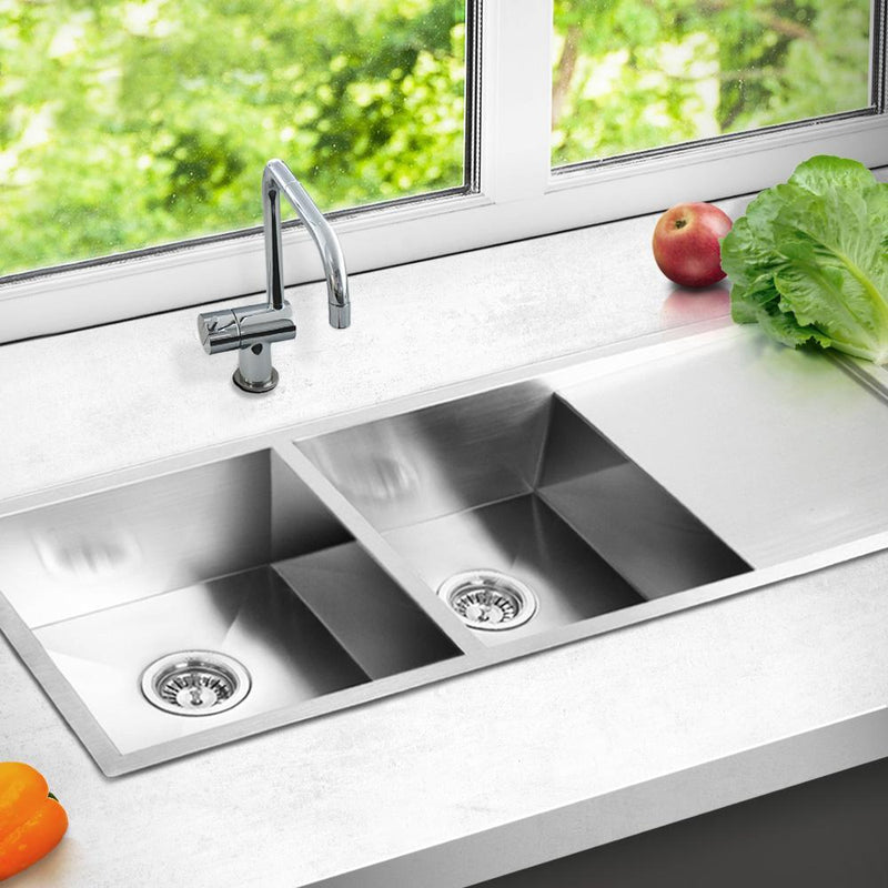 Cefito Stainless Steel Kitchen Sink 111X45CM Under/Topmount Laundry Double Bowl Silver Payday Deals
