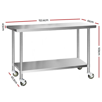 Cefito 304 Stainless Steel Kitchen Benches Work Bench Food Prep Table with Wheels 1524MM x 610MM Payday Deals