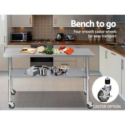 Cefito 304 Stainless Steel Kitchen Benches Work Bench Food Prep Table with Wheels 1524MM x 610MM Payday Deals