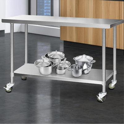 Cefito 304 Stainless Steel Kitchen Benches Work Bench Food Prep Table with Wheels 1524MM x 610MM Payday Deals