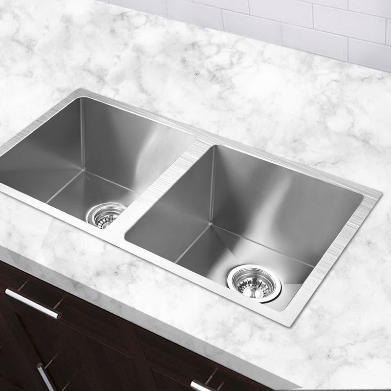 Cefito Stainless Steel Kitchen Sink 770X450MM Under/Topmount Laundry Double Bowl Silver Payday Deals