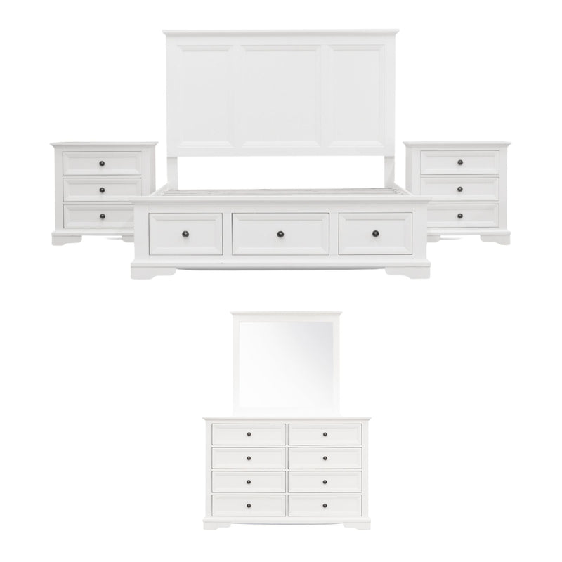 Celosia 5pc Queen Bed Frame Bedroom Suite Bedside Dresser Mirror Package - White Payday Deals