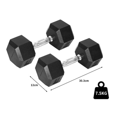 Centra 2x Rubber Hex Dumbbell 7.5kg Home Gym Exercise Weight Fitness Training Payday Deals