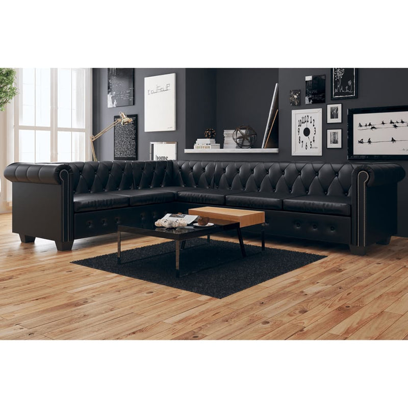 Chesterfield Corner Sofa 6-Seater Artificial Leather Black Payday Deals