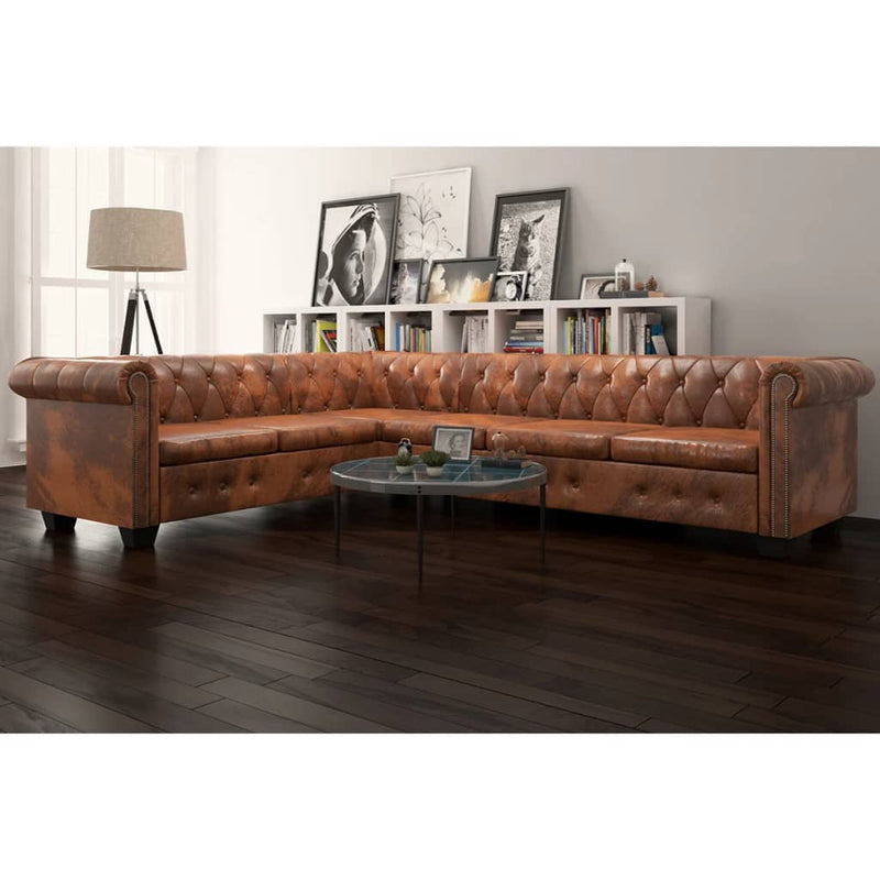 Chesterfield Corner Sofa 6-Seater Artificial Leather Brown Payday Deals