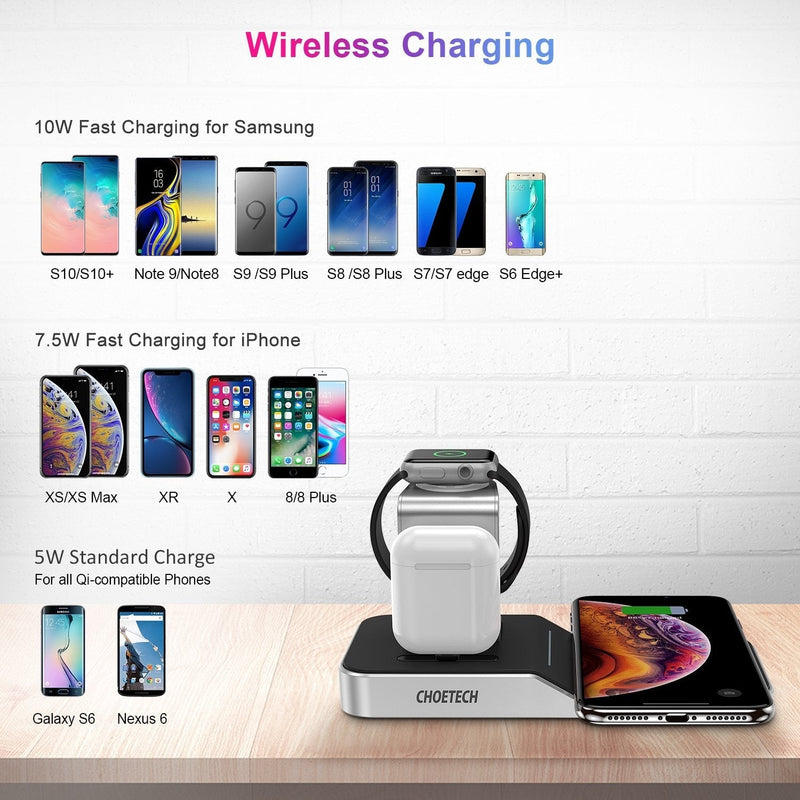 CHOETECH T316 4-in-1 Wireless Charging Station for iPhone/Apple Watch/iPod and all Qi Wireless Cell phones Payday Deals