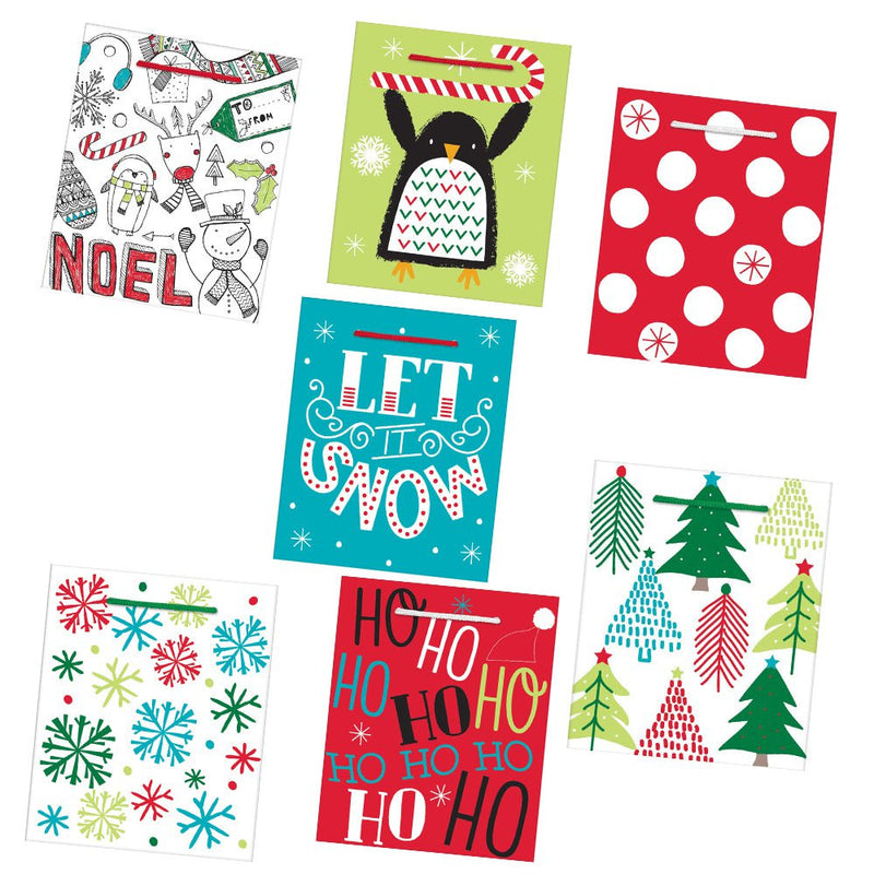 Christmas Fun Small Vertical Gift Bags Assorted Designs 7 Pack Payday Deals