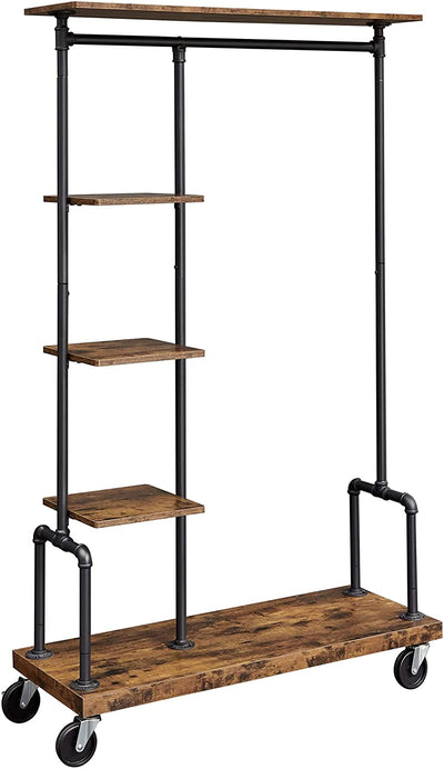 Clothing Garment Rack on Wheels with 5-Tier, Industrial Pipe Style, Rustic Brown Payday Deals