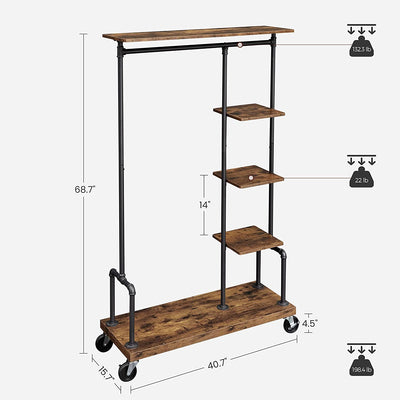 Clothing Garment Rack on Wheels with 5-Tier, Industrial Pipe Style, Rustic Brown Payday Deals