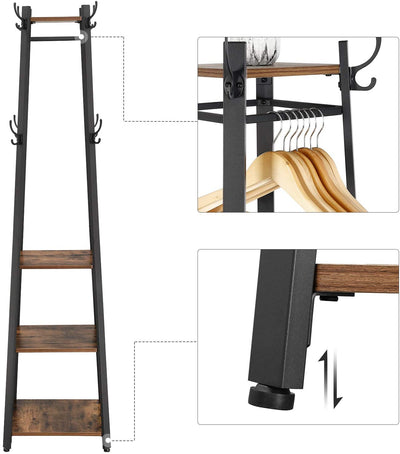 Coat Rack with 3 Shelves with Hooks , Rustic Brown and Black Payday Deals