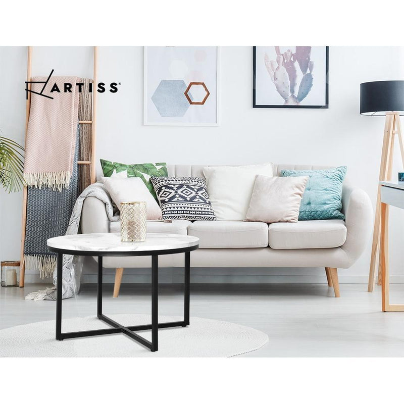 Artiss Coffee Table Marble Effect Side Tables Bedside Round Black Metal 70X70CM Payday Deals