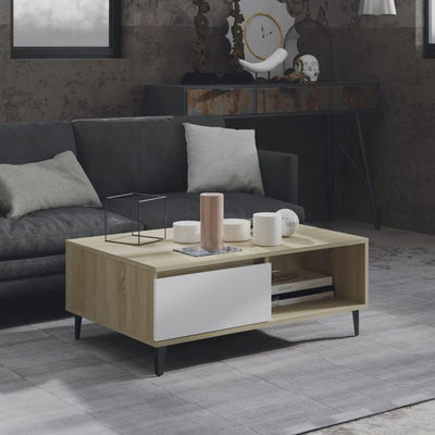 Coffee Table White and Sonoma Oak 90x60x35 cm Chipboard