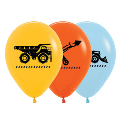 Construction Trucks Fashion Yellow Golden Rod, Orange & Blue Latex Balloons 25 Pack