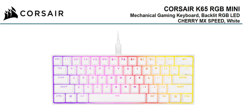 CORSAIR K65 RGB MINI 60% Mechanical Gaming Keyboard, Backlit RGB LED, CHERRY MX SPEED Keyswitches, White Payday Deals