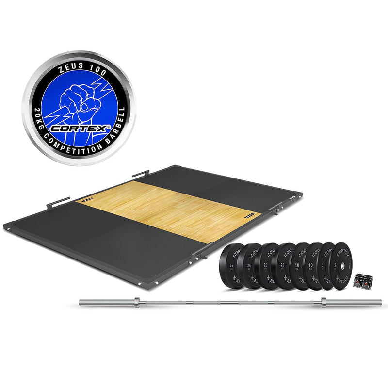 CORTEX 3m x 2m 50mm Weightlifting Framed Platform (Dual Density Mats) + 230kg Olympic V2 Weight Plates & Barbell Package Payday Deals