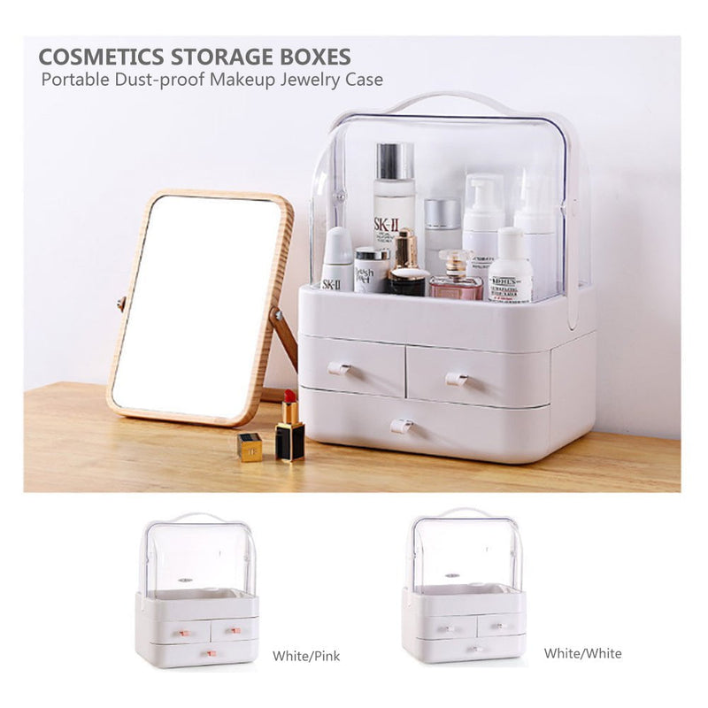 Cosmetics Storage Boxes Portable Dust-proof Makeup Jewelry Case Desktop Drawer(White-Pink) Payday Deals