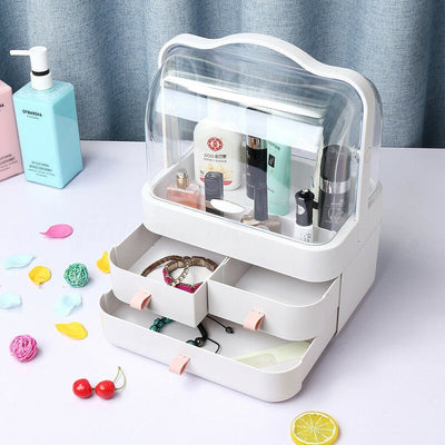 Cosmetics Storage Boxes Portable Dust-proof Makeup Jewelry Case Desktop Drawer(White-Pink) Payday Deals