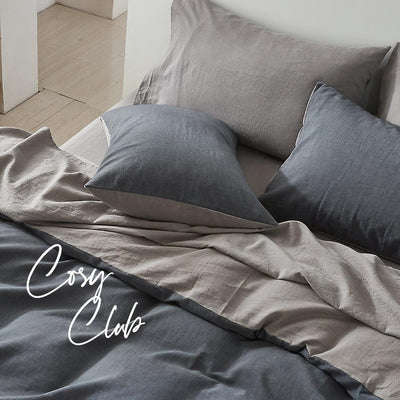 Cosy Club Quilt Cover Set Cotton Duvet Double Blue Dark Grey Payday Deals
