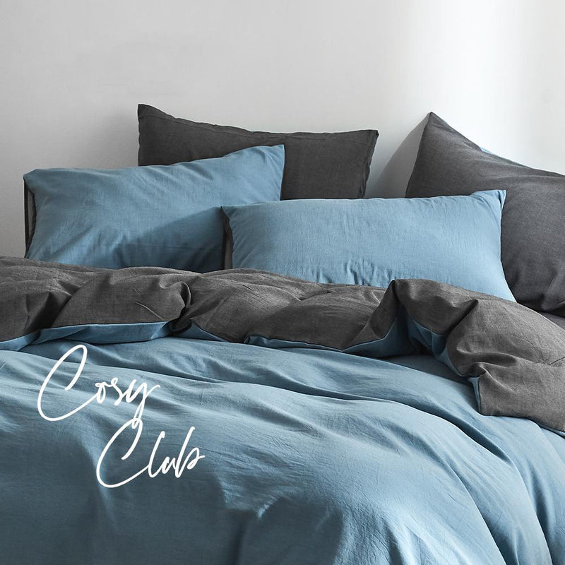 Cosy Club Quilt Cover Set Cotton Duvet Single Blue Dark Blue Payday Deals