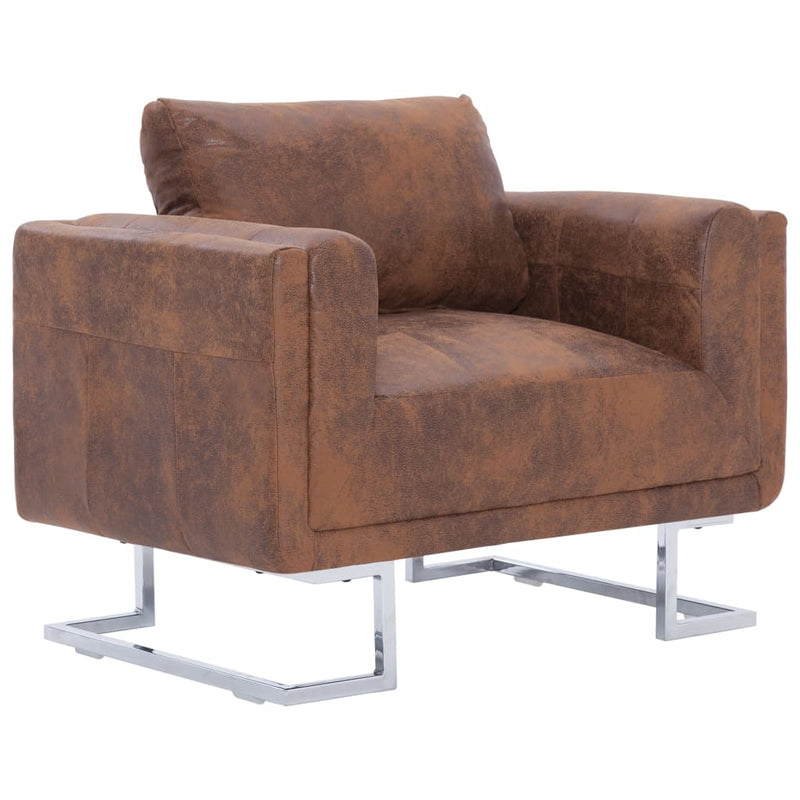 Cube Armchair Brown Faux Suede Leather Payday Deals