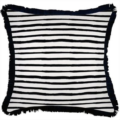 Cushion Cover-Coastal Fringe Black-Paint Stripes-45cm x 45cm