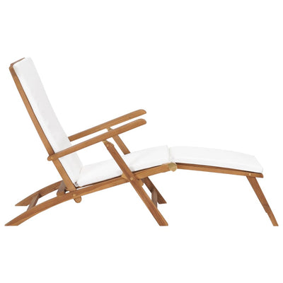 Deck Chair with Cushion Cream White Solid Teak Wood Payday Deals