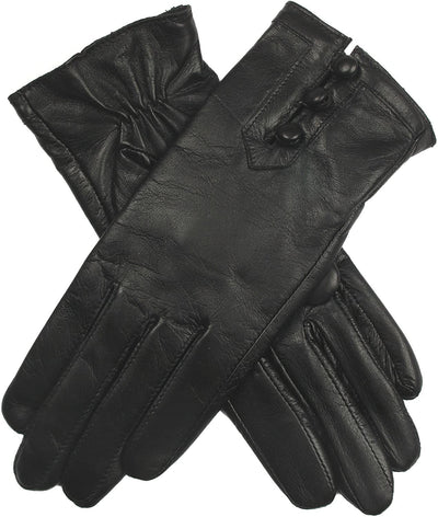 Dents Women's Leather Gloves With Button Detail, Elastic Palm & Silk Feel Lining