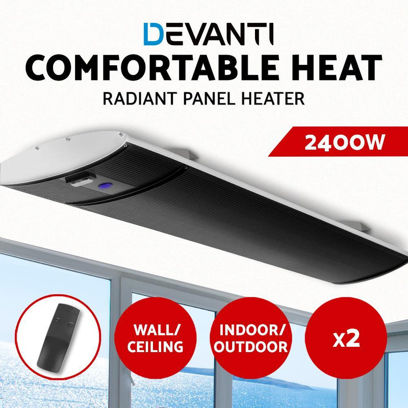 Devanti 2X 2400W Electric Radiant Strip Heater Outdoor Panel Heat Bar Remote Control Black
