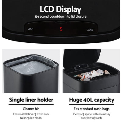 Devanti 40L LCD Stainless Steel Sensor Bin Black