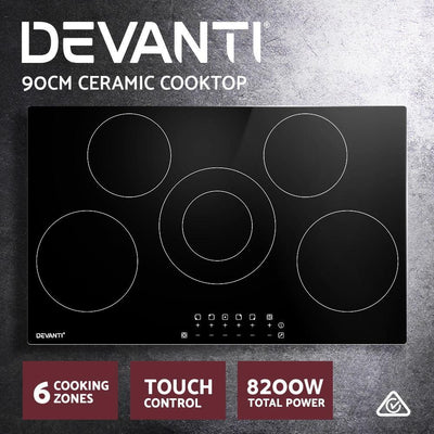 Devanti 90cm Ceramic Cooktop Electric Cook Top 5 Burner Stove Hob Touch Control 6-Zones Payday Deals