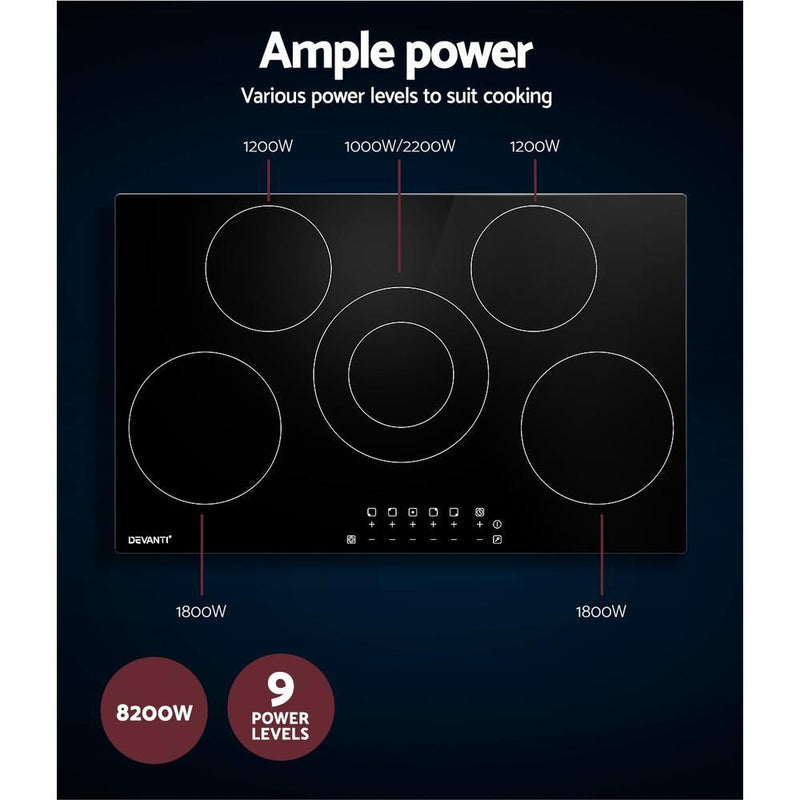 Devanti 90cm Ceramic Cooktop Electric Cook Top 5 Burner Stove Hob Touch Control 6-Zones Payday Deals