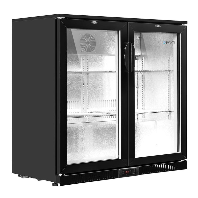 Devanti Bar Fridge 2 Glass Door Commercial Display Freeer Drink Beverage Cooler Black Payday Deals