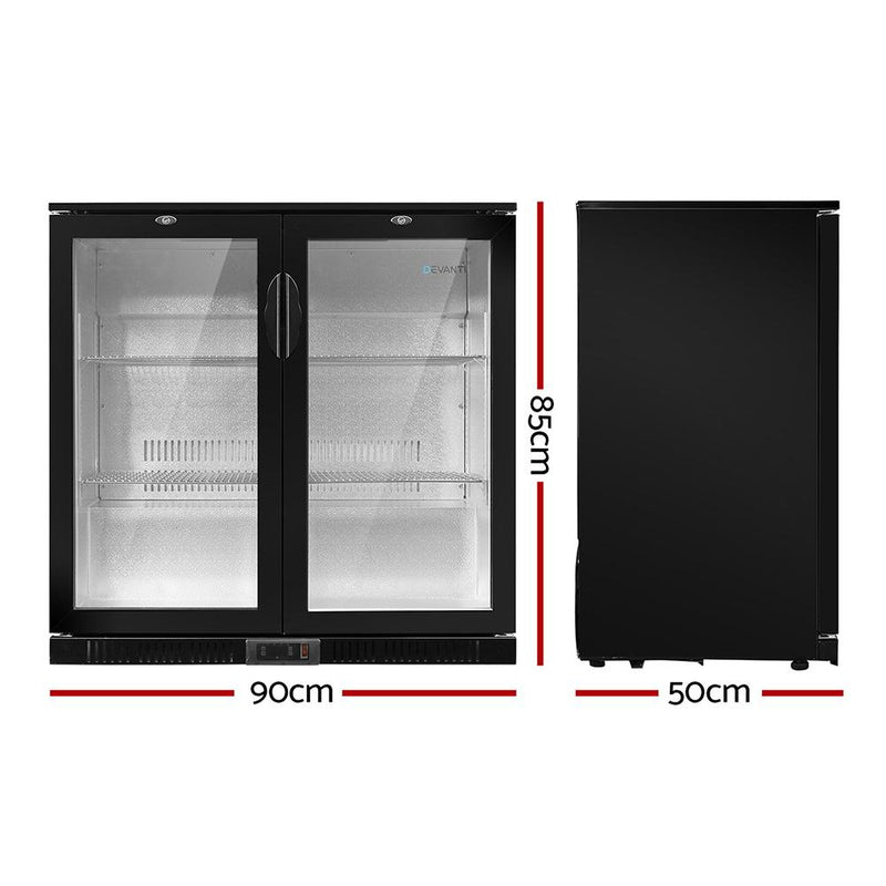 Devanti Bar Fridge 2 Glass Door Commercial Display Freeer Drink Beverage Cooler Black Payday Deals