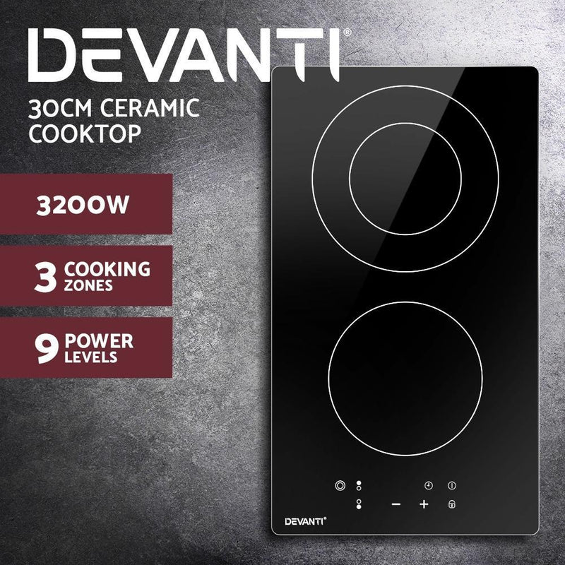 Devanti Electric Ceramic Cooktop 30cm Kitchen Cooker Cook Top Hob Touch Control 3-Zones Payday Deals