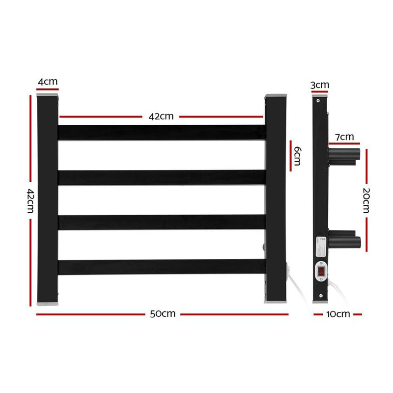 Electric Heated Ladder Towel Rails Bathroom Dryer Clothes Warmer 4 Racks Square Bars Black Rungs