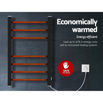DEVANTI Electric Heated Ladder Towel Rails Bathroom Dryer Clothes Warmer 7 Racks Round Bars Black Rungs