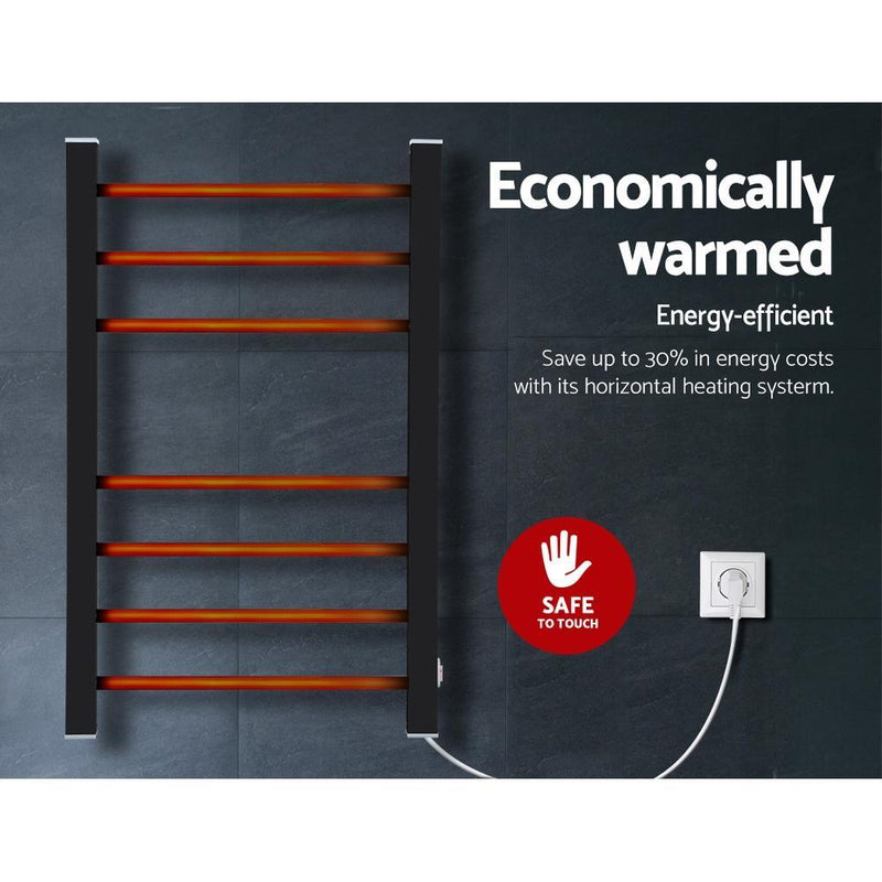 DEVANTI Electric Heated Ladder Towel Rails Bathroom Dryer Clothes Warmer 7 Racks Round Bars Black Rungs