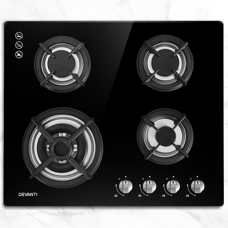 Devanti Gas Cooktop 60cm 4 Burner Ceramic Glass Cook Top Stove Hob Cooker LPG NG Black Payday Deals